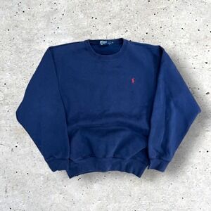 Polo Ralph Lauren Men Navy Blue Crewneck Sweatshirt Red Pony Logo Boxy Size S